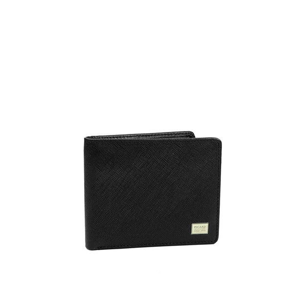 Picard Saffiano Men's Bifold Leather Wallet with 6 Card Slots, 1 ID Window and External Back Slot(Black)